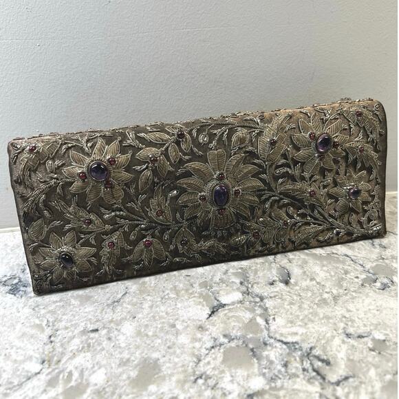 Vintage Handbags - Vintage Floral Beaded Hard Case Clutch Hand Bag Purse Embellished